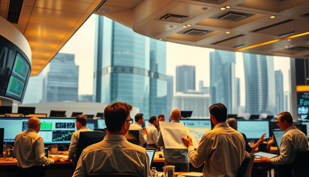 A bustling trading floor in a contemporary financial district, illuminated by warm overhead lighting. In the foreground, a team of analysts poring over data screens, discussing sustainable investment strategies. In the middle ground, brokers and portfolio managers engaged in animated discussions, referencing charts and graphs showcasing ESG metrics. The background depicts the towering glass skyscrapers of the city skyline, reflecting the growing emphasis on environmental, social, and governance factors in the Brazilian financial market.