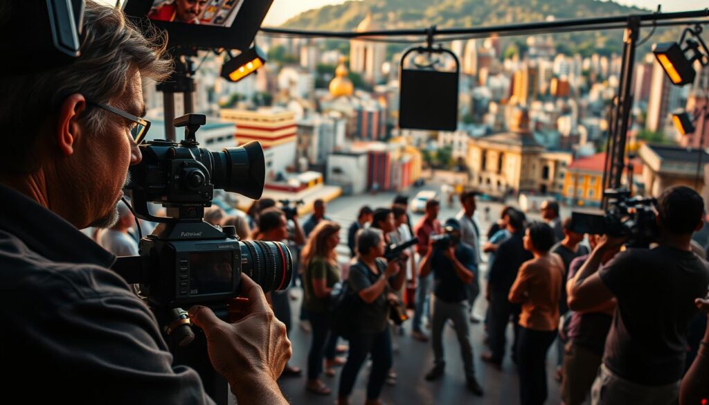 A cinematic tableau of a bustling film set in Brazil. In the foreground, a talented director peers through the viewfinder of a vintage camera, coaxing nuanced performances from a diverse cast. The middle ground is a flurry of activity, with crew members adjusting lighting, sound equipment, and props, all orchestrated by a skilled production team. In the background, a vibrant cityscape serves as a captivating backdrop, its vibrant colors and architectural details infusing the scene with a palpable sense of place. The lighting is a masterful blend of natural sunlight and strategically placed, warm-toned fixtures, casting an atmospheric glow over the entire composition. The overall mood is one of creative energy, collaboration, and a relentless pursuit of cinematic excellence - a true celebration of the geniuses behind the cameras who are shaping the future of Brazilian cinema.