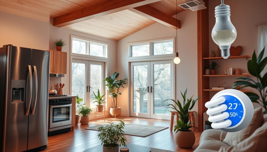 A cozy home interior with energy-efficient appliances and lighting fixtures. A sleek modern kitchen features a stainless steel refrigerator, oven, and induction cooktop, all powered by renewable energy. Warm wooden accents and large windows flood the space with natural light. In the living room, a smart thermostat and energy-efficient LED bulbs create a comfortable, well-lit ambiance. Potted plants and minimal decor elements lend an eco-friendly, serene atmosphere. The overall scene conveys a sense of environmental consciousness and sustainable living.