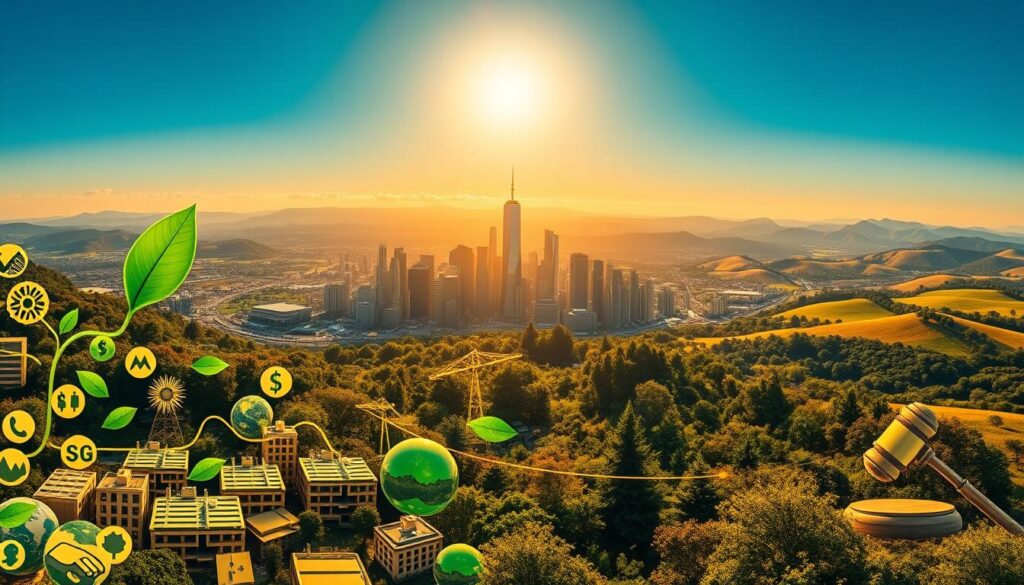 A detailed, expansive vista showcasing the multifaceted world of ESG (Environmental, Social, and Governance) investing. In the foreground, a diverse array of icons and symbols representing the core pillars of ESG criteria - a vibrant green leaf for environmental sustainability, a handshake for social responsibility, and a gavel for corporate governance. The middle ground features a sleek, modern financial skyline, with skyscrapers and stock tickers alluding to the integration of ESG principles into the investment landscape. In the background, a serene, sun-dappled landscape with rolling hills and a clear blue sky, symbolizing the long-term, holistic approach of sustainable investing. Warm, golden lighting casts a natural, aspirational glow over the entire scene, conveying the sense of progress and positive impact that ESG-focused funds can deliver.