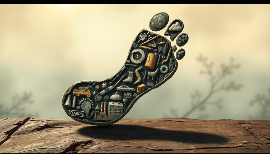 A detailed illustration of a carbon footprint, depicting a large textured imprint on a rustic surface. The imprint is filled with intricate imagery representing various environmental factors, such as factories, vehicles, and household items, all contributing to the overall carbon impact. The background features a hazy, muted palette, creating a sense of environmental concern and urgency. Lighting is soft and diffused, casting subtle shadows to add depth and dimension to the scene. The composition emphasizes the scale and significance of the carbon footprint, inviting the viewer to ponder their own environmental impact.