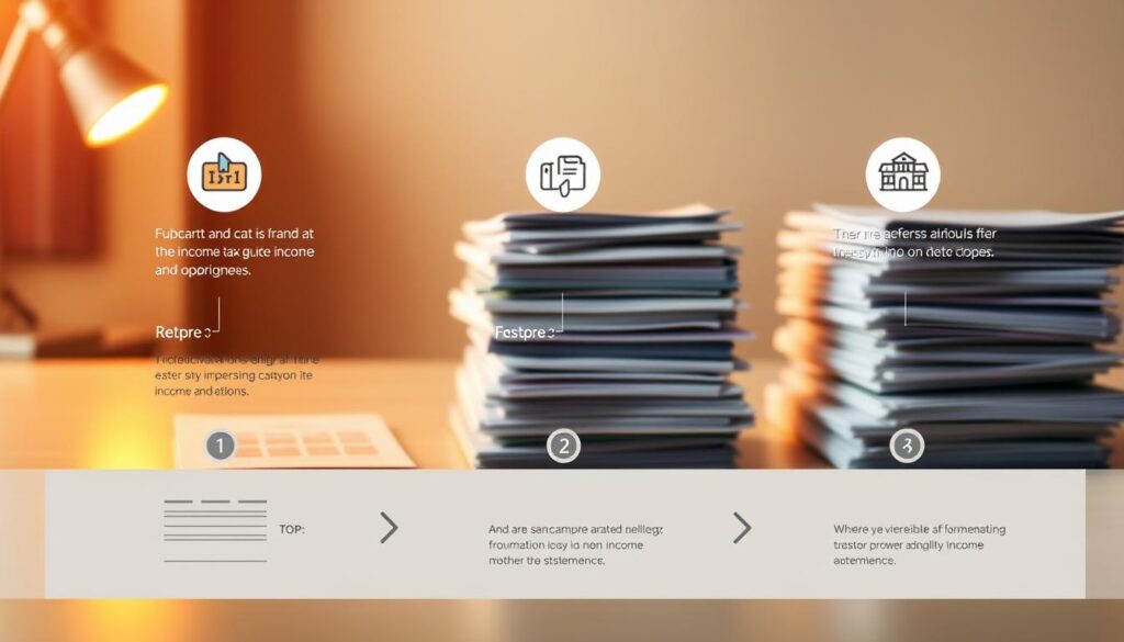 A detailed step-by-step income tax filing guide displayed against a clean, professional backdrop. The foreground features a minimalist illustration showcasing the key steps, using a muted color palette and clean lines to convey a sense of order and efficiency. The middle ground depicts stacks of organized documents and paperwork, while the background has a soft, blurred texture suggesting an office or workplace environment. Warm, directional lighting from the top-left illuminates the scene, creating subtle shadows and highlights to enhance the sense of depth and three-dimensionality. The overall mood is one of clarity, organization, and attention to detail - reflecting the instructional nature of the content.