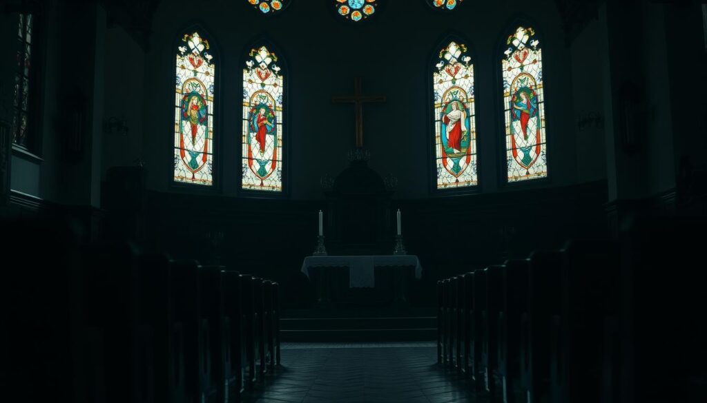 A dimly lit Catholic church interior, with an empty altar and vacant pews. The stained glass windows cast a somber, muted glow, as the atmosphere conveys a palpable sense of spiritual desolation. In the foreground, the altar stands empty, a stark symbol of the crisis of priestly vocations, the candles unlit, the tabernacle door ajar. Shadows creep across the floor, mirroring the waning faith of the congregation. The camera angle is low, casting an air of melancholy and isolation, a visual representation of the challenges facing the Catholic Church.