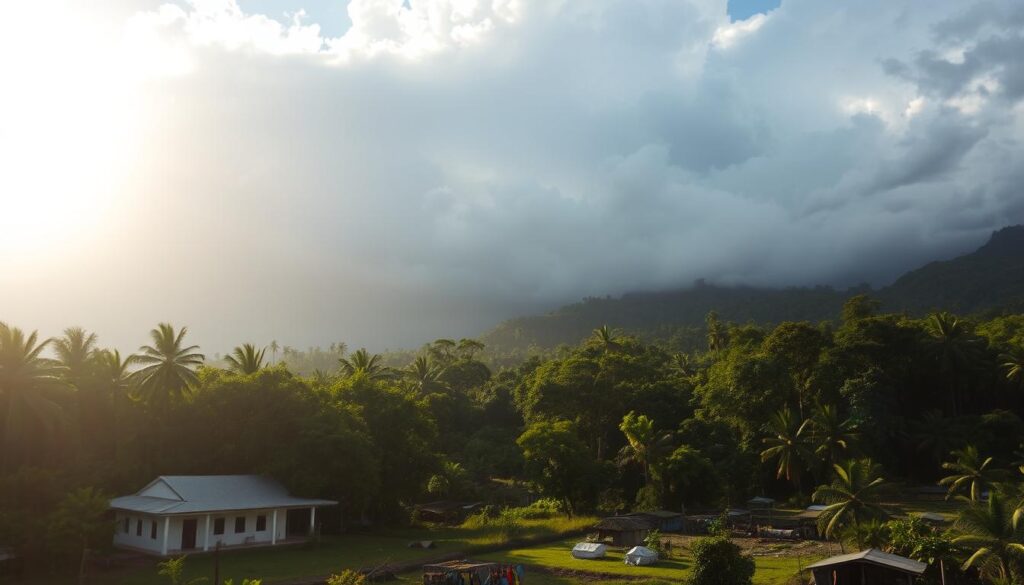 A dramatic sunlit landscape of a lush, green Brazilian rainforest. In the foreground, a humble church stands amidst towering trees, its simple architecture a symbol of the Catholic faith. The middle ground reveals impoverished shacks and makeshift dwellings, a reflection of the struggles faced by the local population. In the background, a powerful storm gathers, dark clouds swirling above the canopy, signifying the urgency of environmental and social challenges. The scene evokes a sense of both reverence and concern, capturing the essence of the "Laudato Si'" encyclical and its call to hear the "cry of the earth and the cry of the poor."