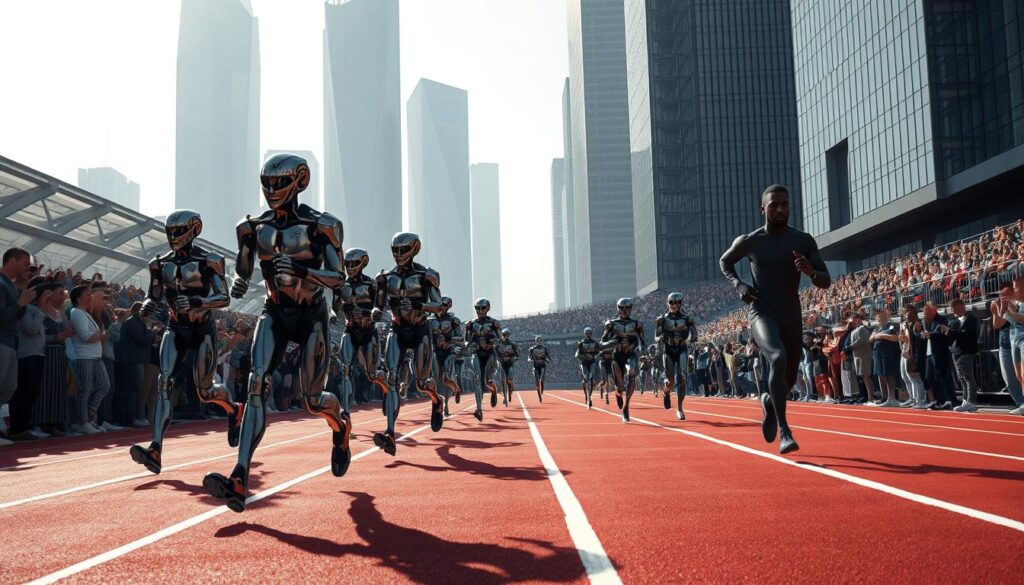 A futuristic race track set in a sleek, modern city. In the foreground, a group of sleek, humanoid robots stride alongside human athletes, their movements fluid and precise. The robots' metallic frames glint under the bright, directional lighting, creating dramatic shadows and highlights. In the middle ground, the crowd of spectators leans forward, their expressions a mix of awe and anticipation. The background is dominated by towering, angular skyscrapers, creating a sense of urban density and technological advancement. The overall mood is one of excitement and forward-thinking innovation, as these hybrid athletes push the boundaries of what is possible.