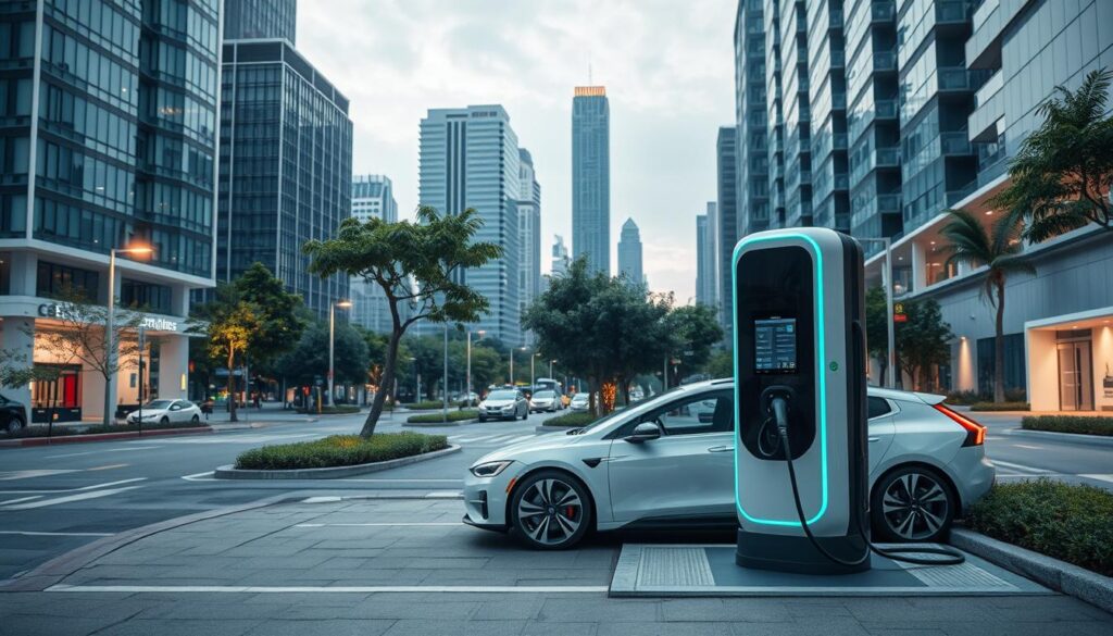 A futuristic urban landscape with a prominent electric vehicle charging station in the foreground. The station features sleek, minimalist design with multiple charging ports and intuitive user interface. The background showcases modern high-rise buildings, clean streets, and lush greenery, creating a harmonious environment for sustainable transportation. Soft, diffused lighting illuminates the scene, evoking a sense of technological advancement and environmental responsibility. The camera angle is slightly elevated, providing a comprehensive view of the integrated charging infrastructure seamlessly blending into the cityscape. A futuristic urban landscape with a prominent electric vehicle charging station in the foreground. The station features sleek, minimalist design with multiple charging ports and intuitive user interface. The background showcases modern high-rise buildings, clean streets, and lush greenery, creating a harmonious environment for sustainable transportation. Soft, diffused lighting illuminates the scene, evoking a sense of technological advancement and environmental responsibility. The camera angle is slightly elevated, providing a comprehensive view of the integrated charging infrastructure seamlessly blending into the cityscape.