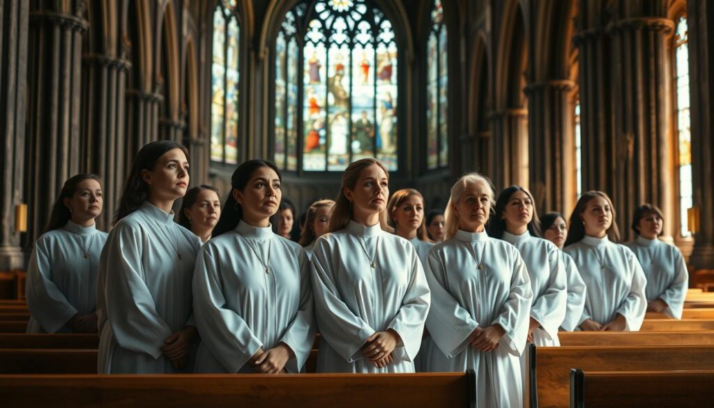 A grand cathedral interior, soft natural light streaming through stained glass windows. In the foreground, a group of women in flowing clerical robes, their faces serene and focused as they gather in quiet contemplation. Behind them, rows of wooden benches recede into the shadowy depths, hinting at the solemn gathering of the faithful. The women's posture exudes a sense of authority and purpose, suggesting a future where their rightful place within the church is secured. The atmosphere is one of reverence and anticipation, a vision of the evolving role of women in the Catholic tradition.