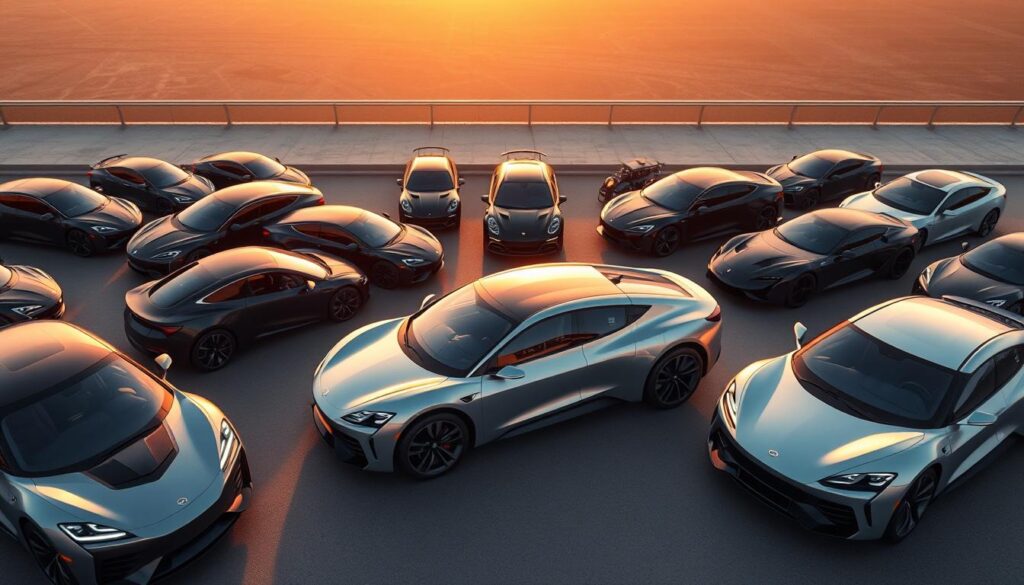A high-angle shot of a sleek, futuristic lineup of electric vehicles from leading Brazilian automakers. The cars gleam in the warm, diffused lighting, their aerodynamic curves and bold, minimalist designs exuding a sense of technological sophistication. In the foreground, the vehicles are arranged in a dynamic, staggered formation, showcasing their diverse silhouettes and highlighting the manufacturers' commitment to electrification. The middle ground features a clean, urban backdrop, hinting at the integration of these zero-emission cars into the modern cityscape. The overall atmosphere conveys a vision of a sustainable, cutting-edge automotive future that is transforming the Brazilian market. A high-angle shot of a sleek, futuristic lineup of electric vehicles from leading Brazilian automakers. The cars gleam in the warm, diffused lighting, their aerodynamic curves and bold, minimalist designs exuding a sense of technological sophistication. In the foreground, the vehicles are arranged in a dynamic, staggered formation, showcasing their diverse silhouettes and highlighting the manufacturers' commitment to electrification. The middle ground features a clean, urban backdrop, hinting at the integration of these zero-emission cars into the modern cityscape. The overall atmosphere conveys a vision of a sustainable, cutting-edge automotive future that is transforming the Brazilian market.