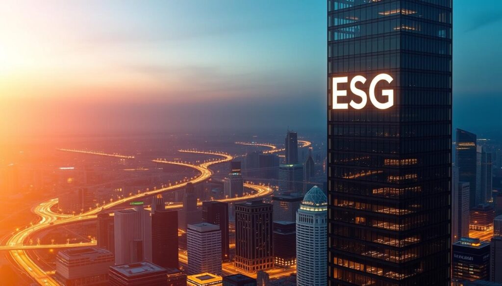 A high-contrast financial cityscape at dusk, with a modern glass-and-steel skyscraper in the foreground prominently featuring the letters "ESG" illuminated on its facade. In the middle ground, a network of glowing data connections and financial information flows through the urban landscape. The background is hazy with a warm, golden-hour glow, suggesting the optimism and growth potential of sustainable investing. The overall composition conveys the integration of environmental, social, and governance principles into the heart of the financial markets.