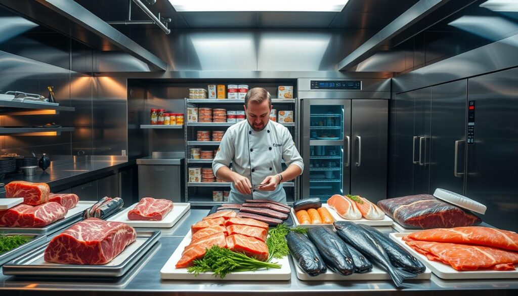 A large, well-lit industrial kitchen with stainless steel appliances and countertops. In the foreground, a skilled chef showcases various techniques for preserving meats and fish - vacuum sealing, flash freezing, curing, and smoking. Vibrant cuts of beef, salmon, and tuna are arranged meticulously. The middle ground features storage racks with organized packaged goods, and in the background, a high-tech freezer system with digital temperature controls. Warm, natural lighting illuminates the scene, creating a clean, clinical atmosphere that reflects the cutting-edge food preservation methods of the year 2025. A large, well-lit industrial kitchen with stainless steel appliances and countertops. In the foreground, a skilled chef showcases various techniques for preserving meats and fish - vacuum sealing, flash freezing, curing, and smoking. Vibrant cuts of beef, salmon, and tuna are arranged meticulously. The middle ground features storage racks with organized packaged goods, and in the background, a high-tech freezer system with digital temperature controls. Warm, natural lighting illuminates the scene, creating a clean, clinical atmosphere that reflects the cutting-edge food preservation methods of the year 2025.