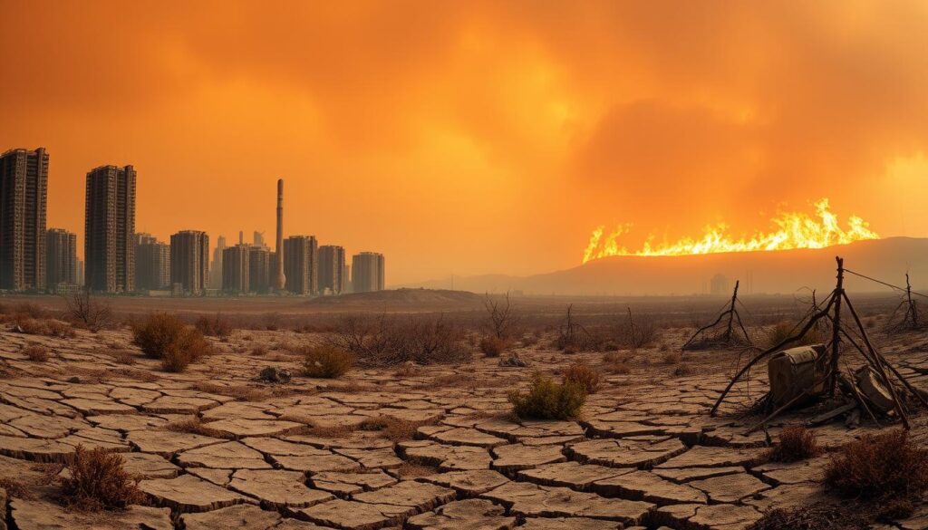 A panoramic view of a dystopian, post-apocalyptic landscape where the effects of climate change are vividly depicted. In the foreground, a cracked, parched earth and dying vegetation convey the devastating impact of drought and heat waves. The middle ground features a skyline of towering, dilapidated buildings engulfed in a hazy, orange-tinted atmosphere, symbolizing the impact of pollution and greenhouse gas emissions. In the distant background, a raging wildfire consumes the horizon, casting an ominous glow over the scene. The overall composition evokes a sense of urgency, highlighting the dire consequences of inaction and the pressing need for immediate, decisive action to address the climate crisis.