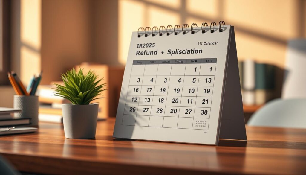 A realistic, high-resolution calendar illustrating the "Calendário de Restituições IR2025". The calendar is set against a warm, light-filled workspace, with a wooden desk, a potted plant, and office supplies in the foreground. The calendar itself is prominently displayed, featuring a clean, minimalist design with crisp typography and well-organized dates. The background is slightly blurred, creating depth and focus on the calendar. The lighting is natural, casting warm shadows and highlights to create a sense of depth and materiality. The overall mood is professional, organized, and slightly muted, reflecting the serious nature of the subject matter.