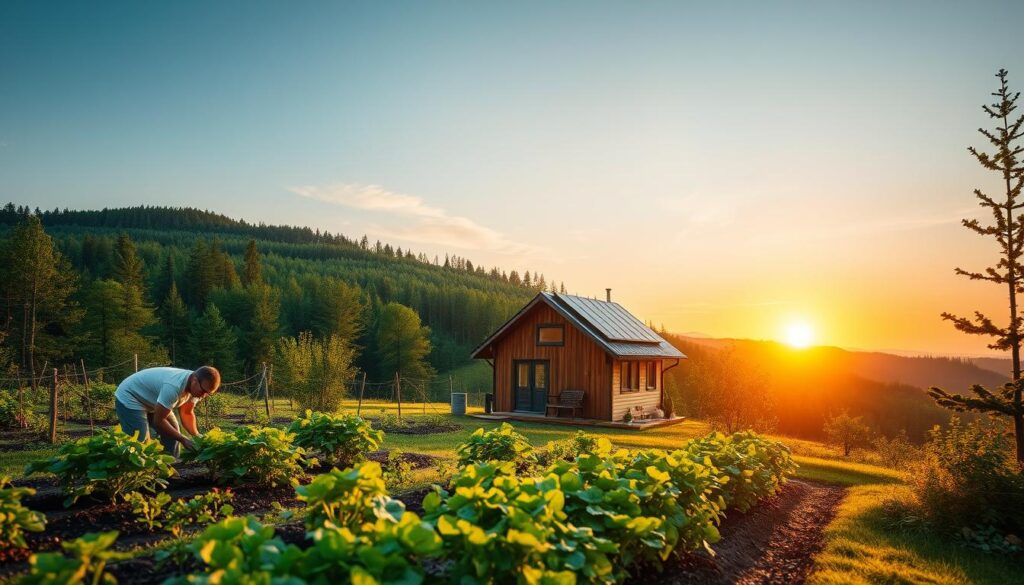 A serene, natural landscape showcasing sustainable actions. In the foreground, a person tending to a thriving garden, using organic farming techniques. The middle ground features a small, energy-efficient home with solar panels on the roof, blending seamlessly with the environment. In the background, lush forests and rolling hills under a warm, golden-hour sky, symbolizing the harmony between nature and human endeavors. The scene conveys a sense of tranquility, environmental awareness, and a commitment to sustainable living.