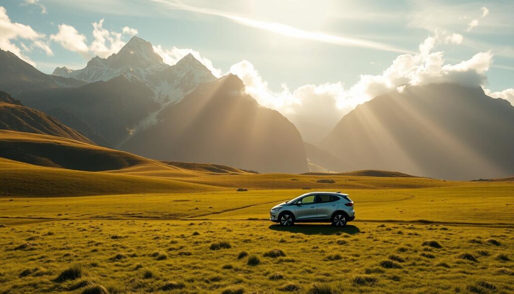 A serene, panoramic landscape with an electric vehicle silently gliding through a lush, green meadow. The vehicle casts a minimal shadow, blending harmoniously with the natural surroundings. In the background, towering mountains rise majestically, their peaks capped with pristine snow. Warm, golden light filters through wispy clouds, creating a sense of tranquility and environmental harmony. The atmosphere evokes a peaceful coexistence between the electric vehicle and the untouched wilderness. An image that conveys the positive environmental impact of electric mobility, inspiring a moment of deep, rejuvenating breaths. A serene, panoramic landscape with an electric vehicle silently gliding through a lush, green meadow. The vehicle casts a minimal shadow, blending harmoniously with the natural surroundings. In the background, towering mountains rise majestically, their peaks capped with pristine snow. Warm, golden light filters through wispy clouds, creating a sense of tranquility and environmental harmony. The atmosphere evokes a peaceful coexistence between the electric vehicle and the untouched wilderness. An image that conveys the positive environmental impact of electric mobility, inspiring a moment of deep, rejuvenating breaths.