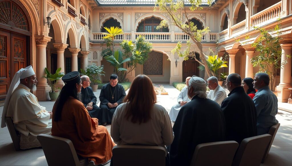 A tranquil interfaith gathering, with representatives from diverse religious traditions engaged in thoughtful, respectful dialogue. The scene depicts an airy, sun-dappled courtyard, with ornate architectural elements and lush greenery in the background. The foreground features a circular arrangement of seating, where figures in robes, clerical vestments, and traditional attire sit facing each other, their body language conveying openness and attentive listening. Soft, diffused lighting filters through the space, creating an atmosphere of contemplation and mutual understanding. The overall impression is one of harmony, cooperation, and the bridging of religious divides.