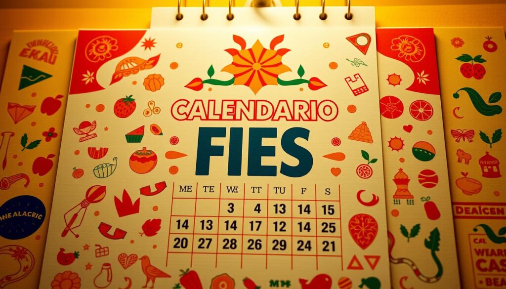 A vibrant and visually striking calendar with the prominent title "CALENDARIO FIES" at the center, showcasing a design that seamlessly blends traditional Brazilian aesthetics with a modern, eye-catching layout. The calendar features a clean and minimalist structure, with bold, contrasting colors like deep reds and warm oranges creating a sense of energy and urgency. Meticulously detailed icons and patterns inspired by Brazilian culture adorn the calendar, adding depth and visual interest. The overall composition is balanced, with the calendar's information presented in a clear and organized manner, inviting the viewer to engage with the content. The lighting is soft and warm, creating a welcoming and accessible atmosphere, while the camera angle is slightly elevated, giving the image a sense of authority and importance. A vibrant and visually striking calendar with the prominent title "CALENDARIO FIES" at the center, showcasing a design that seamlessly blends traditional Brazilian aesthetics with a modern, eye-catching layout. The calendar features a clean and minimalist structure, with bold, contrasting colors like deep reds and warm oranges creating a sense of energy and urgency. Meticulously detailed icons and patterns inspired by Brazilian culture adorn the calendar, adding depth and visual interest. The overall composition is balanced, with the calendar's information presented in a clear and organized manner, inviting the viewer to engage with the content. The lighting is soft and warm, creating a welcoming and accessible atmosphere, while the camera angle is slightly elevated, giving the image a sense of authority and importance.
