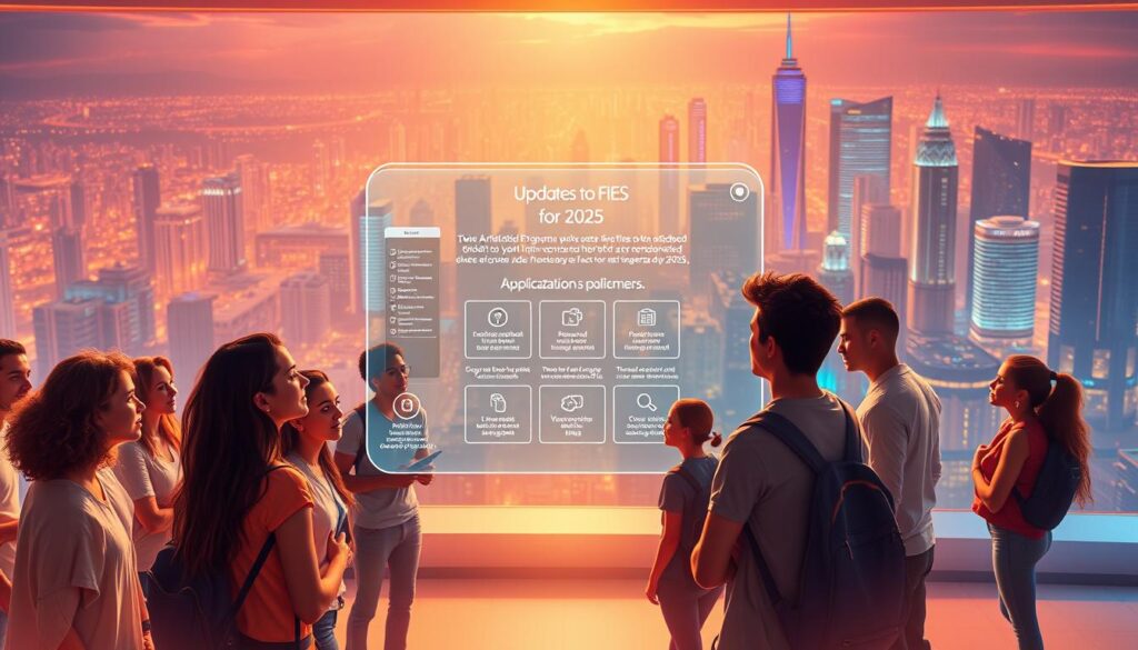 A vibrant, futuristic scene depicting the "Novidades do FIES para 2025" - the changes and updates to the Brazilian student financing program. In the foreground, a group of diverse young adults excitedly discuss their academic plans, surrounded by a sleek, modern interface displaying program details. The middle ground features a holographic projection showcasing the key application steps, presented in a clean, minimalist style. In the background, the cityscape of a forward-looking metropolis bustles with activity, hinting at the transformative potential of the FIES program for the next generation of students. The scene is illuminated by warm, dynamic lighting, creating an atmosphere of optimism and innovation. A vibrant, futuristic scene depicting the "Novidades do FIES para 2025" - the changes and updates to the Brazilian student financing program. In the foreground, a group of diverse young adults excitedly discuss their academic plans, surrounded by a sleek, modern interface displaying program details. The middle ground features a holographic projection showcasing the key application steps, presented in a clean, minimalist style. In the background, the cityscape of a forward-looking metropolis bustles with activity, hinting at the transformative potential of the FIES program for the next generation of students. The scene is illuminated by warm, dynamic lighting, creating an atmosphere of optimism and innovation.