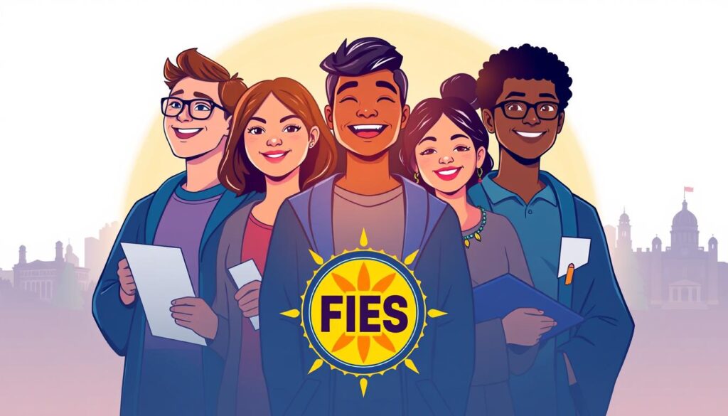 A vibrant illustration of the FIES student financing program, showcasing its impact on educational dreams. Set against a warm, welcoming background, the central focus is a group of diverse students, their faces alight with hope and determination. The foreground features a detailed representation of the FIES logo, its distinct design elements and colors conveying the program's identity. The midground depicts students in various stages of the application process, engaged in activities like researching, filling out forms, and celebrating successful enrollment. The background subtly hints at the broader educational landscape, with silhouettes of university buildings and a soft, inspiring glow. The overall composition radiates a sense of opportunity, empowerment, and the transformative power of accessible higher education. A vibrant illustration of the FIES student financing program, showcasing its impact on educational dreams. Set against a warm, welcoming background, the central focus is a group of diverse students, their faces alight with hope and determination. The foreground features a detailed representation of the FIES logo, its distinct design elements and colors conveying the program's identity. The midground depicts students in various stages of the application process, engaged in activities like researching, filling out forms, and celebrating successful enrollment. The background subtly hints at the broader educational landscape, with silhouettes of university buildings and a soft, inspiring glow. The overall composition radiates a sense of opportunity, empowerment, and the transformative power of accessible higher education.