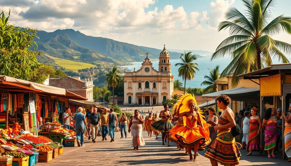 A vibrant, panoramic scene depicting the rich cultural tapestry of Brazil. In the foreground, a lively street market bustles with vendors selling handcrafted goods, colorful textiles, and fragrant spices. Samba dancers in elaborate costumes move with infectious rhythm, their movements captured in a dynamic blur. In the middle ground, a stunning colonial-era church stands tall, its ornate facade bathed in warm, golden light. Beyond, the landscape unfolds with verdant hills, palm trees swaying gently, and a glimpse of a sparkling, azure ocean in the distance. The overall atmosphere exudes a sense of joy, vibrancy, and the unique cultural heritage that makes Brazil such a captivating destination.