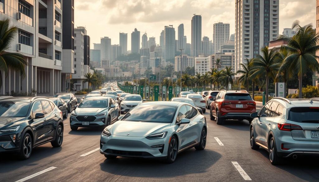 A vibrant scene of sleek, modern electric vehicles gliding through the bustling streets of a thriving Brazilian city. The foreground features a range of EV models - sporty hatchbacks, spacious sedans, and versatile SUVs - showcasing the diversity of the evolving automotive market. Diffused natural lighting casts a warm, inviting glow, highlighting the clean lines and gleaming exteriors of the cars. In the middle ground, charging stations dot the cityscape, reflecting the growing infrastructure supporting the adoption of electric mobility. The background unveils a skyline of towering skyscrapers, a testament to the progressive, forward-thinking spirit transforming the Brazilian automotive industry. A vibrant scene of sleek, modern electric vehicles gliding through the bustling streets of a thriving Brazilian city. The foreground features a range of EV models - sporty hatchbacks, spacious sedans, and versatile SUVs - showcasing the diversity of the evolving automotive market. Diffused natural lighting casts a warm, inviting glow, highlighting the clean lines and gleaming exteriors of the cars. In the middle ground, charging stations dot the cityscape, reflecting the growing infrastructure supporting the adoption of electric mobility. The background unveils a skyline of towering skyscrapers, a testament to the progressive, forward-thinking spirit transforming the Brazilian automotive industry.