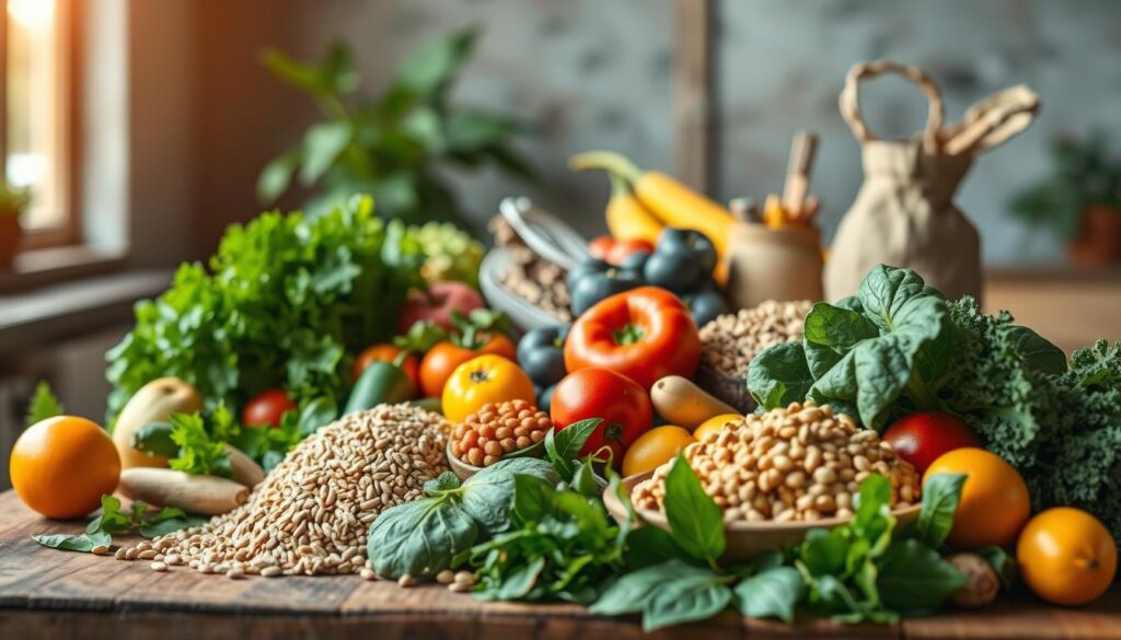 A vibrant still life showcasing the beauty and diversity of sustainable food choices. In the foreground, a variety of fresh, organic produce - leafy greens, colorful vegetables, and seasonal fruits - artfully arranged on a rustic wooden table. The mid-ground features a selection of whole grains, legumes, and nuts, representing the building blocks of a nutrient-dense, low-carbon diet. The background evokes a serene, nature-inspired ambiance, with a soft, diffused light filtering through a window, casting a warm glow on the scene. The overall mood is one of harmony, wellness, and a deep appreciation for the earth's bounty. This image aims to inspire and guide the viewer towards adopting a more sustainable, plant-based approach to eating.