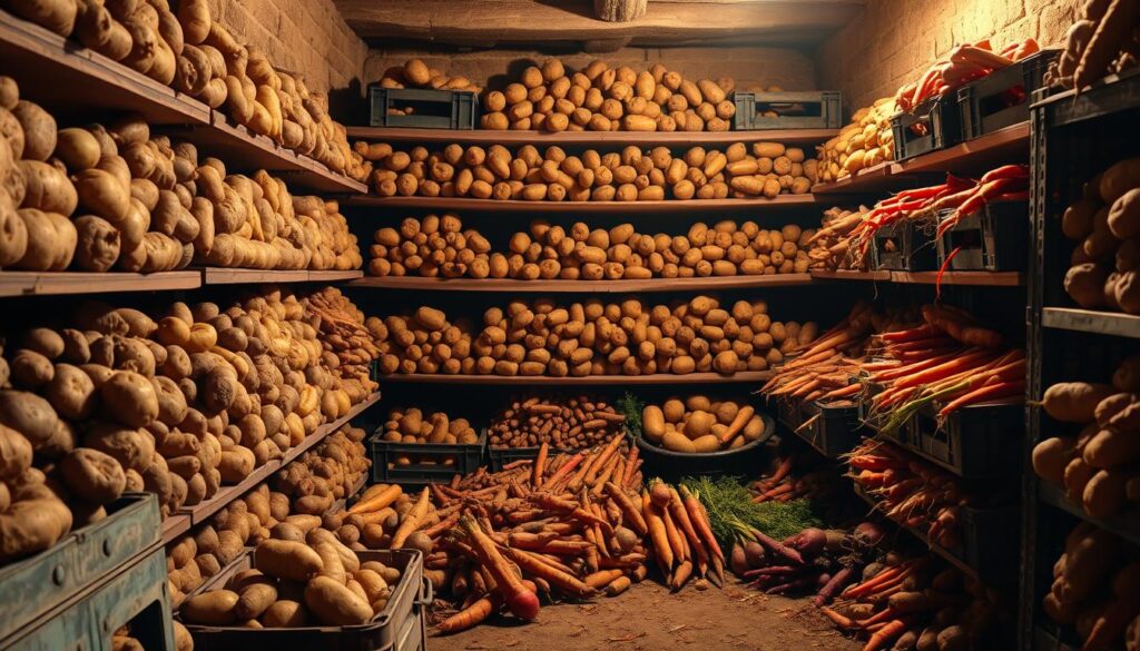 A well-lit root cellar interior, with shelves and crates overflowing with an abundant harvest of roots and tubers. Potatoes, carrots, beets, and yams in earthy tones of brown, orange, and red are neatly arranged, creating a visually striking display. The lighting casts warm, soft shadows, accentuating the textural qualities of the produce. The scene evokes a sense of abundance, security, and the timeless ritual of food storage. The composition strikes a balance between order and natural, organic forms, inviting the viewer to appreciate the hidden treasure trove of the humble root vegetable. A well-lit root cellar interior, with shelves and crates overflowing with an abundant harvest of roots and tubers. Potatoes, carrots, beets, and yams in earthy tones of brown, orange, and red are neatly arranged, creating a visually striking display. The lighting casts warm, soft shadows, accentuating the textural qualities of the produce. The scene evokes a sense of abundance, security, and the timeless ritual of food storage. The composition strikes a balance between order and natural, organic forms, inviting the viewer to appreciate the hidden treasure trove of the humble root vegetable.