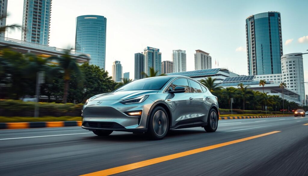 A wide-angle shot of a sleek, modern electric vehicle gliding smoothly down a well-lit city street, surrounded by lush greenery and futuristic architecture. The car's clean, elegant lines and shimmering metallic paint capture the eye, while its silent, emission-free engine symbolizes the quiet revolution in sustainable transportation. In the background, towering skyscrapers and solar panels on rooftops suggest a progressive, eco-conscious urban landscape, where government incentives and infrastructure investments have made electric vehicles an increasingly common sight. The overall scene conveys a sense of optimism and progress, reflecting the transformative impact of policies that are driving the adoption of clean, efficient transportation in the Brazilian automotive market. A wide-angle shot of a sleek, modern electric vehicle gliding smoothly down a well-lit city street, surrounded by lush greenery and futuristic architecture. The car's clean, elegant lines and shimmering metallic paint capture the eye, while its silent, emission-free engine symbolizes the quiet revolution in sustainable transportation. In the background, towering skyscrapers and solar panels on rooftops suggest a progressive, eco-conscious urban landscape, where government incentives and infrastructure investments have made electric vehicles an increasingly common sight. The overall scene conveys a sense of optimism and progress, reflecting the transformative impact of policies that are driving the adoption of clean, efficient transportation in the Brazilian automotive market.