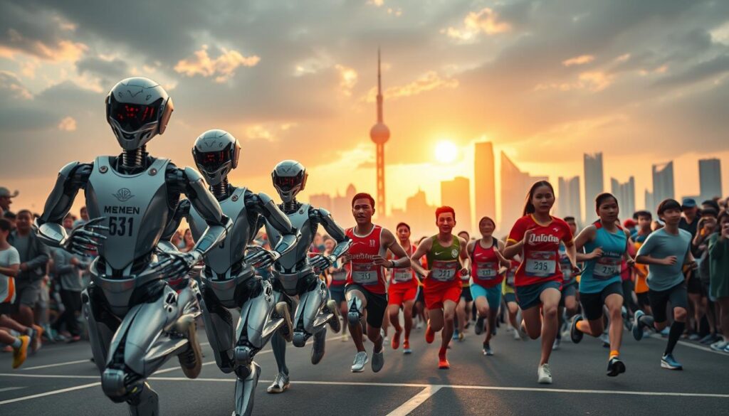 Impressive competition: A dynamic, high-energy scene of a mixed-team marathon race featuring humanoid robots competing alongside human runners. In the foreground, the sleek, metallic figures of the robots stride powerfully, their advanced mechanisms propelling them forward with incredible speed and precision. Behind them, a diverse group of human runners, their faces etched with determination, push themselves to the limit. The middle ground is a blur of motion, with the crowd of spectators cheering passionately, their vibrant, colorful attire adding to the electric atmosphere. In the background, the iconic landmarks of Beijing's skyline provide a striking backdrop, the city's skyline framed by a dramatic, cloudy sky illuminated by the warm glow of the sun. The scene radiates a sense of innovation, technology, and the boundless potential of human-machine collaboration.