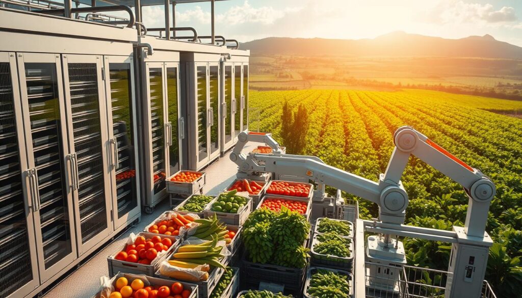 Vivid aerial view of a modern Brazilian food technology facility, bathed in warm, natural lighting. The foreground showcases an array of innovative food preservation devices, from specialized refrigeration units to cutting-edge packaging solutions. In the middle ground, robotic arms meticulously handle fresh produce, ensuring optimal quality and freshness. The background reveals lush, verdant farmlands, hinting at the sustainable, farm-to-table ethos driving these technologies. Crisp, clean lines and a sleek, minimalist aesthetic convey a sense of efficiency and innovation, reflecting the future of food storage and distribution in Brazil. Vivid aerial view of a modern Brazilian food technology facility, bathed in warm, natural lighting. The foreground showcases an array of innovative food preservation devices, from specialized refrigeration units to cutting-edge packaging solutions. In the middle ground, robotic arms meticulously handle fresh produce, ensuring optimal quality and freshness. The background reveals lush, verdant farmlands, hinting at the sustainable, farm-to-table ethos driving these technologies. Crisp, clean lines and a sleek, minimalist aesthetic convey a sense of efficiency and innovation, reflecting the future of food storage and distribution in Brazil.