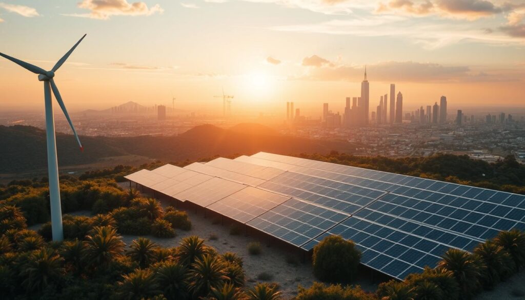 A breathtaking landscape depicting the mechanisms of climate finance. In the foreground, a towering windmill stands tall, its blades gently spinning, harnessing the power of renewable energy. In the middle ground, a sleek, modern solar panel array stretches out, capturing the sun's rays and converting them into clean electricity. In the background, a shimmering cityscape rises, its skyscrapers and infrastructure symbolizing the technological advancements that enable sustainable development. The scene is bathed in a warm, golden light, conveying a sense of hope and progress in the face of global climate challenges. The composition is balanced, with the various elements seamlessly integrated, creating a visually striking and thematically compelling image.