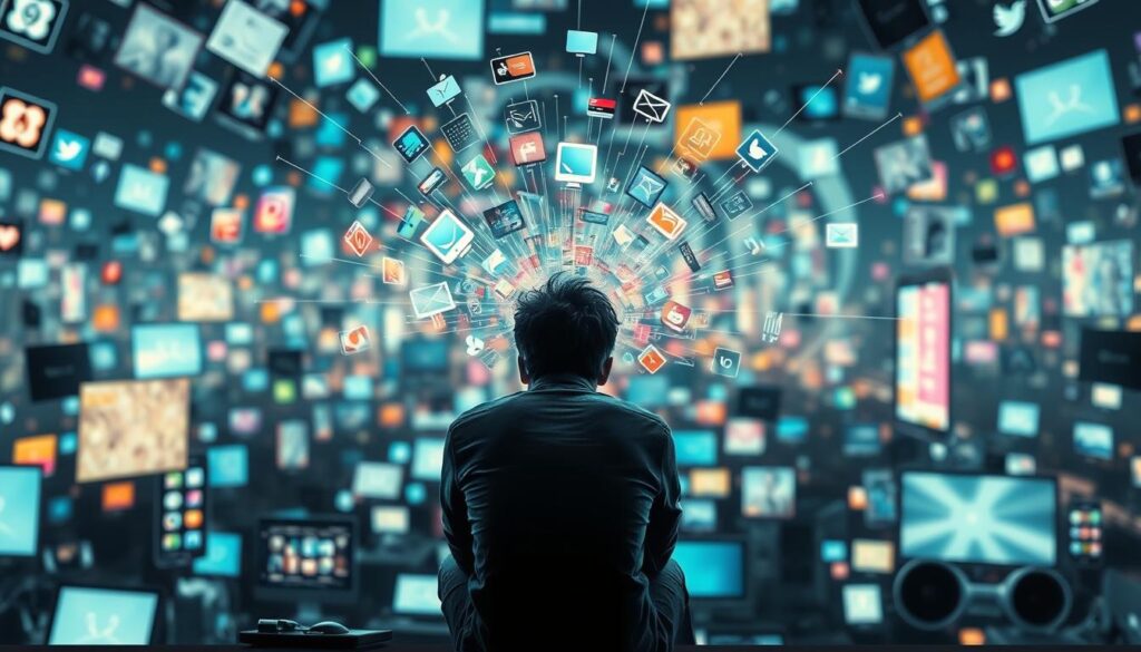 A bustling digital landscape, awash in a sea of screens and devices. In the foreground, a figure sits hunched, overwhelmed by the constant stream of notifications and digital demands. Swirling around them, a cloud of anxiety, represented by jagged lines and pulsing colors, threatens to consume their focus. The middle ground reveals a chaotic array of social media icons, email inboxes, and productivity apps, each vying for attention. In the background, a blurred cityscape, its buildings and infrastructure reflecting the ubiquity of technology in modern life. The scene is lit by a cool, fluorescent glow, emphasizing the digital nature of the environment and the emotional tension it creates. The overall mood is one of tension, stress, and the need for a moment of respite from the digital onslaught.