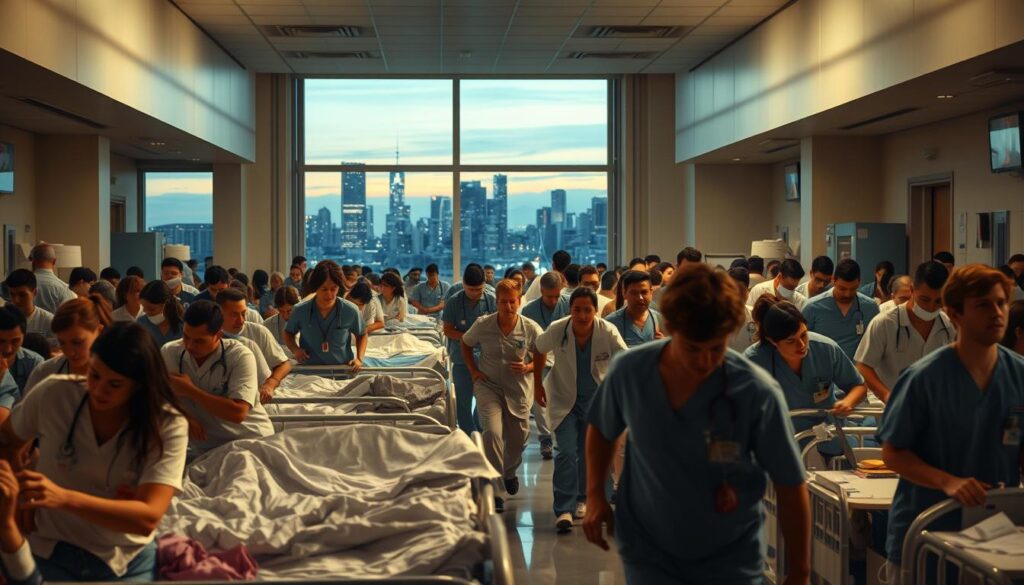 A crowded hospital interior with exhausted medical staff struggling to care for an overwhelming influx of patients. The foreground depicts a chaotic scene of beds lining the halls, nurses rushing between them. The middle ground shows hospital staff hunched over desks, faces strained with fatigue. In the background, a large window overlooks a city skyline, the lights dimming as dusk settles in, symbolizing the late hours and growing sense of exhaustion. Bright fluorescent lighting casts harsh shadows, creating a somber, high-tension atmosphere. The overall composition conveys the strain and burden on the healthcare system during a surge of respiratory illness cases.