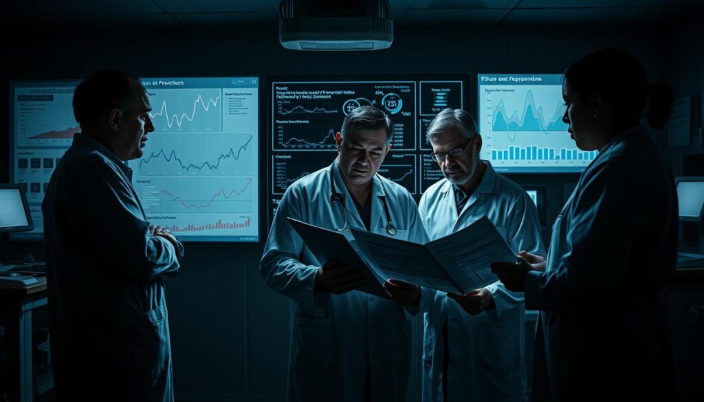 A detailed, realistic image of experts' predictions for the future of the Influenza A outbreak. A somber, serious tone with a sense of concern. The foreground depicts several healthcare professionals in medical attire examining charts and papers, deep in discussion. The middle ground shows charts, graphs, and visual data displays with projections and forecasts. The background is a dimly lit, sterile hospital setting with equipment and technology. Dramatic, high-contrast lighting casts shadows, creating an air of gravity and uncertainty. Composition is balanced, with the experts positioned centrally as the focal point. No text or overlays, just a powerful visual representation of the experts' perspectives on the unfolding situation.