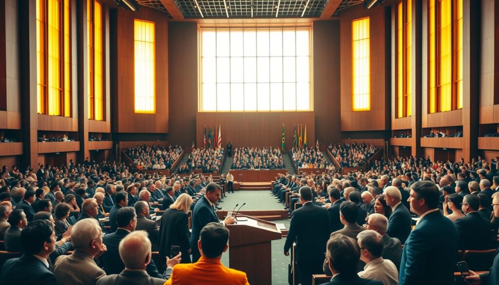 A grand conference hall in Brasilia, Brazil, bathed in warm, golden light from tall windows. At the center, a podium stands before rows of delegates engaged in animated discussion, representing the world's nations gathered for COP30, the critical climate change negotiations. In the foreground, Brazilian officials converse with global leaders, their faces resolute as they debate the future of the planet. The middle ground is filled with the energy of intellectual discourse, while the background showcases the architectural grandeur of the building, a testament to Brazil's role in shaping the global climate agenda. An atmosphere of high stakes and profound responsibility permeates the scene, capturing the essence of "O papel do Brasil nas negociações climáticas".