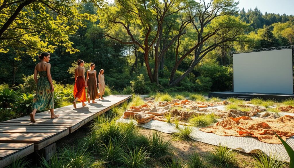 A lush, verdant landscape serves as the backdrop for an eco-friendly fashion showcase. In the foreground, models gracefully stride down a rustic wooden runway, showcasing vibrant, organic fabrics in a range of earthy tones and natural patterns. Dappled sunlight filters through the canopy of trees, casting a warm, golden glow over the scene. The middle ground features a diverse array of sustainable textile materials, from recycled plastics to plant-based fibers, artfully arranged to highlight their unique textures and environmental benefits. In the distance, a modern, minimalist stage sets the stage for the unveiling of the latest sustainable fashion innovations, hinting at the bright future of eco-friendly style.