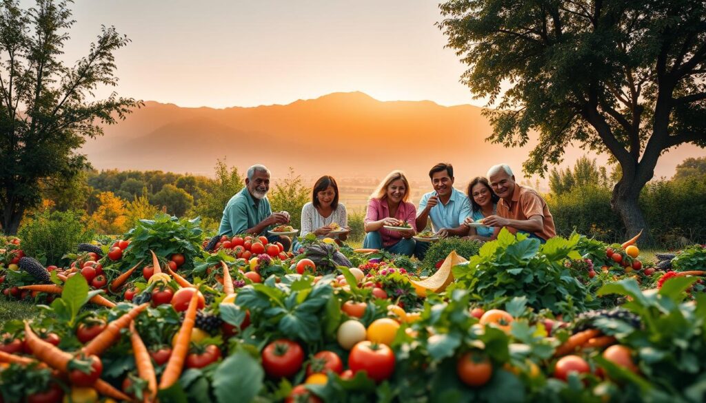 A lush, vibrant landscape depicting the benefits of a plant-based diet. In the foreground, a flourishing garden bursting with an abundance of colorful, ripe fruits and vegetables - carrots, tomatoes, leafy greens, and more. The middle ground features a group of people, diverse in age and ethnicity, joyfully sharing a communal meal, plates piled high with nutritious plant-based dishes. In the background, a serene mountain range bathed in warm, golden sunlight, symbolizing the harmony and sustenance that a plant-based lifestyle can provide. The scene is shot with a wide-angle lens, capturing the entirety of this verdant, health-promoting tableau. The overall mood is one of vitality, community, and the boundless benefits of an eating regimen centered on whole, plant-based foods.