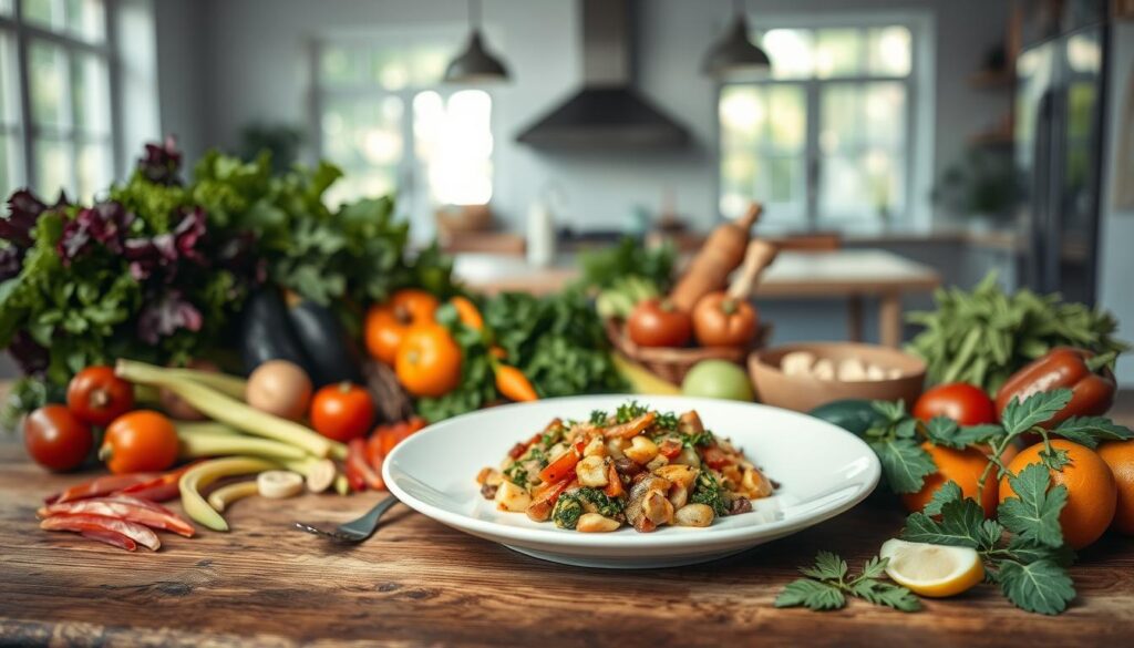 A lush, vibrant still life capturing the essence of "Alimentação saudável low carb". In the foreground, an assortment of fresh, locally-sourced ingredients - crisp vegetables, lean proteins, and healthy fats - artfully arranged on a rustic wooden table. The middle ground features a sleek, minimalist plate showcasing a low-carb dish, its colors and textures inviting the viewer to taste. In the background, a softly-lit kitchen setting, with hints of natural light filtering through large windows, creating a warm, welcoming atmosphere. The overall scene exudes a sense of balance, simplicity, and the joyful celebration of clean, unprocessed foods - a visual embodiment of the "low carb revolution" transforming Brazilian cuisine.