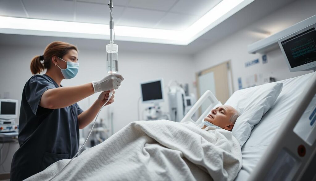 A modern hospital room with a patient undergoing treatment for influenza A. In the foreground, a medical professional in scrubs and a face mask administers an intravenous drip. The patient, wrapped in a blanket, lies in a hospital bed, their expression one of discomfort. The room is well-lit with crisp, white lighting, creating a clinical atmosphere. In the background, medical equipment and monitors provide a sense of the advanced technology used in the treatment. The overall scene conveys the seriousness of influenza A and the importance of proper medical care.
