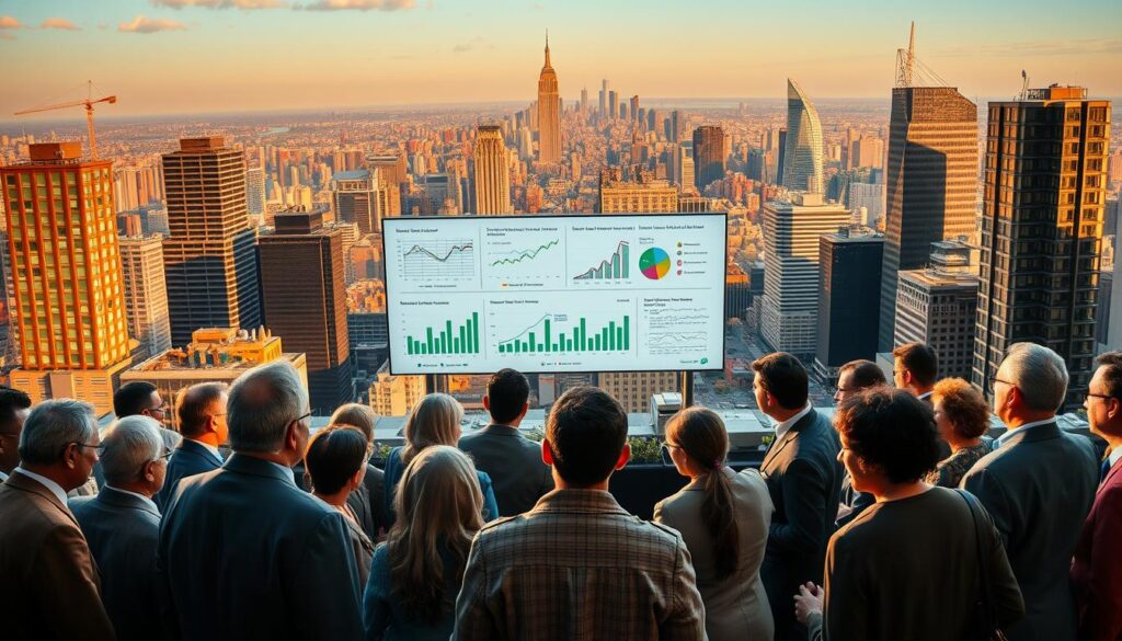 A panoramic view of a bustling financial district, with skyscrapers and high-rise buildings casting long shadows across the landscape. In the foreground, a diverse group of individuals representing various sectors - government officials, NGO representatives, and business leaders - engaged in deep discussion, their expressions conveying a sense of urgency and determination. The middle ground showcases a large screen displaying graphs, charts, and data visualizations, highlighting the complexities of climate financing. The background features a vibrant cityscape, with the iconic landmarks of a major metropolis serving as a backdrop, symbolizing the global scale of the climate finance challenge. Warm, golden lighting bathes the scene, creating an atmosphere of collaborative problem-solving and a shared commitment to addressing the climate crisis.