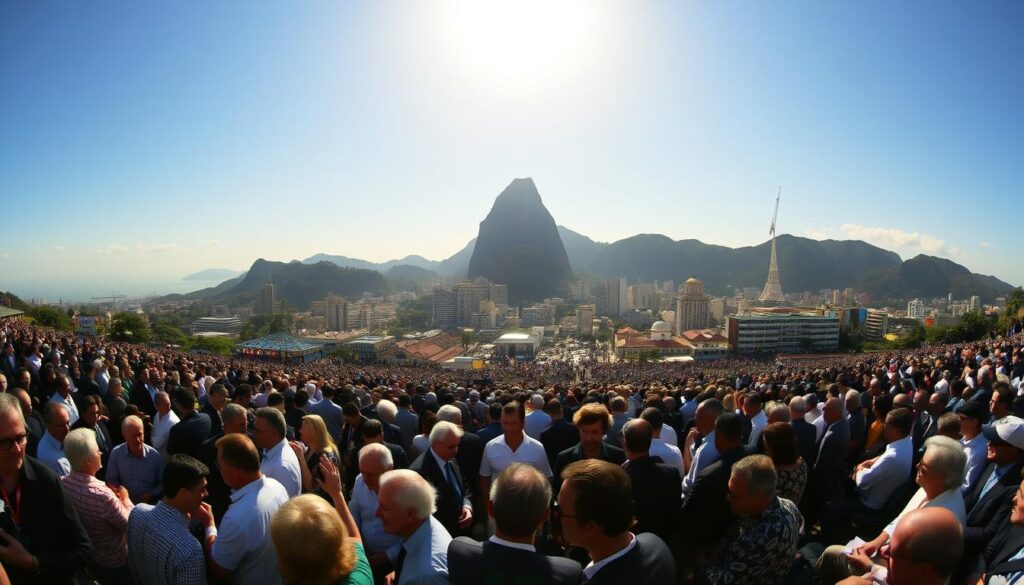 A panoramic view of the COP30 conference venue in Brazil, with the iconic Sugarloaf Mountain in the background. The scene is bathed in warm, golden sunlight, creating a sense of optimism and ambition. In the foreground, delegates from around the world engage in animated discussions, their faces reflecting the gravity of the climate financing challenges they face. The middle ground is filled with a diverse array of architectural styles, representing the global scale of the event. Overhead, a cloudless sky adds to the sense of possibility and determination as the world unites to address the pressing issue of climate change.