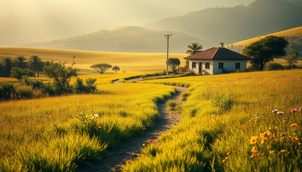 A serene countryside scene in Brasil, showcasing the essence of slow living. Sunlit meadows with lush greenery and vibrant wildflowers, gently swaying in a soft breeze. In the distance, a charming traditional house with a tiled roof, surrounded by fruit trees and a small vegetable garden. A winding dirt path leads through the tranquil landscape, inviting the viewer to slow down and immerse themselves in the peaceful rhythm of life. The lighting is warm and diffused, creating a calming, golden glow. The overall atmosphere radiates a sense of simplicity, mindfulness, and connection with nature, capturing the essence of the "slow living" and "digital minimalism" trends in Brasil.