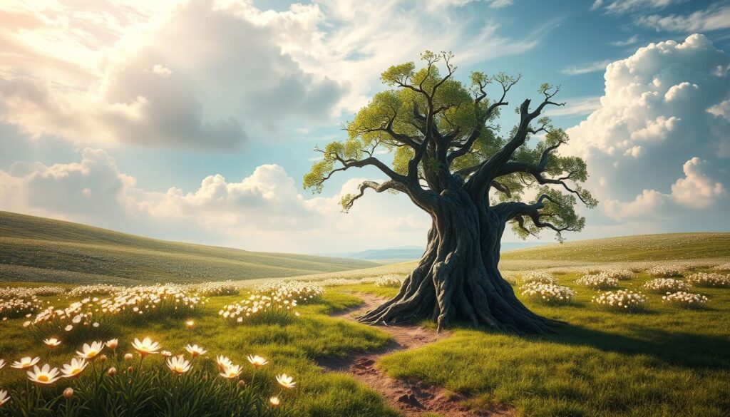 A serene digital landscape with resilience as its central theme. In the foreground, a sturdy, gnarled tree stands tall, its roots firmly embedded in the earth, symbolic of the strength and adaptability needed to thrive in the digital realm. Surrounding the tree, a field of luminous digital flowers bloom, their petals shimmering with an inner light, representing the beauty and growth that can emerge from challenges. In the middle ground, a winding path leads the eye deeper into the scene, hinting at the journey of digital resilience. The background features a vast, shimmering sky, filled with dynamic clouds that seem to pulse with energy, conveying a sense of boundless potential. The lighting is soft and diffuse, creating a warm, contemplative atmosphere that encourages introspection and a sense of calm amidst the ever-changing digital landscape.