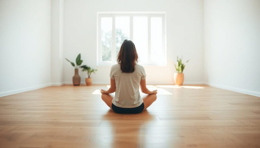 A serene minimalist lifestyle, with a focus on simplicity and balance. In the foreground, a person sits cross-legged on a hardwood floor, surrounded by a sparse, uncluttered environment. The middle ground features a large window, allowing natural light to flood the space, creating a warm, inviting atmosphere. In the background, a few potted plants and a plain, white wall contribute to the sense of tranquility and order. The overall mood is one of calm, introspection, and a deliberate, thoughtful approach to living. Soft, diffused lighting casts a gentle glow, emphasizing the simplicity and purity of the scene.