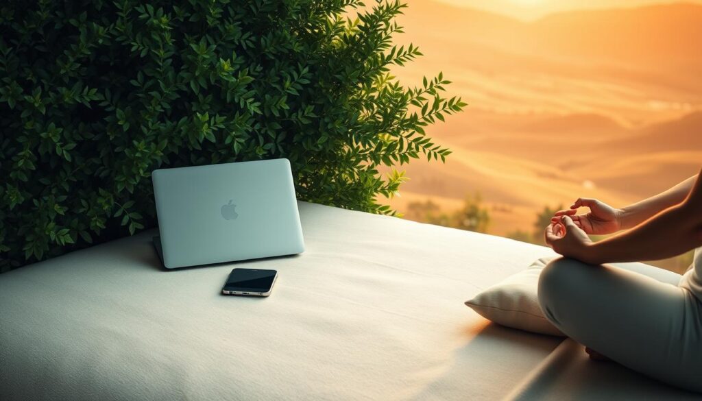 A tranquil, minimalist scene depicting the balance between the digital and physical realms. In the foreground, a person meditates on a simple cushion, their hands resting gently in their lap. The middle ground features a laptop and smartphone, partially obscured by lush greenery, symbolizing the integration of technology and nature. The background showcases a panoramic view of a serene, rolling landscape bathed in warm, golden light, evoking a sense of grounding and mindfulness. The overall composition conveys a harmonious coexistence between the online and offline aspects of modern life.