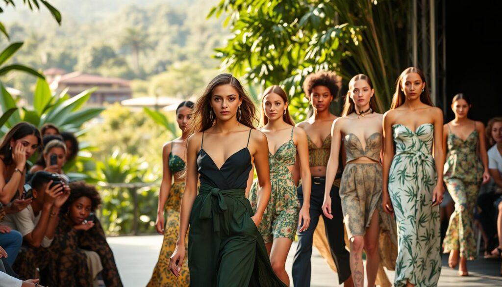 A vibrant and sustainable fashion landscape in Brazil in 2025, showcasing a diverse range of eco-conscious designs. In the foreground, a group of models confidently stride down a catwalk, wearing chic outfits crafted from organic, recycled, or upcycled materials. Warm, natural lighting illuminates their faces, highlighting the quality and craftsmanship of the garments. In the middle ground, a backdrop of lush, verdant foliage and sustainable architecture, reflecting Brazil's commitment to environmental preservation. The scene exudes a sense of harmony, innovation, and a forward-thinking approach to the future of fashion in the country.
