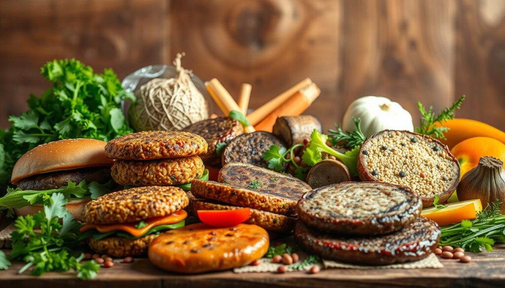 A vibrant arrangement of plant-based meat alternatives against a natural, earthy backdrop. In the foreground, an assortment of realistically rendered protein products such as soy-based burgers, lentil-based cutlets, and mushroom-based "steaks", all glistening under warm, diffused lighting. In the middle ground, a selection of fresh vegetables, grains, and legumes, hinting at the diverse ingredients used in these substitutes. The background features a rustic, wooden surface, complemented by a soft, organic atmosphere, conveying a sense of wholesomeness and sustainability. The overall scene exudes a welcoming, appetizing ambiance, inviting the viewer to explore these innovative plant-based meat alternatives.