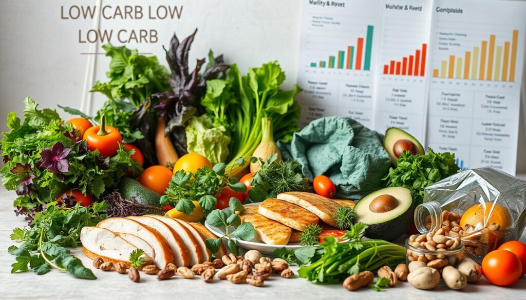 A well-lit, vibrant still life image showcasing a variety of fresh, locally-sourced low-carb ingredients. In the foreground, an array of leafy greens, colorful vegetables, and aromatic herbs are arranged artfully against a neutral backdrop. The middle ground features a selection of lean protein sources, such as grilled chicken or fish, complemented by healthy fats like avocado and nuts. The background subtly hints at the nutritional benefits of a low-carb diet, with scientific-looking charts and diagrams hinting at the latest research. The overall composition is balanced, with a warm, inviting tone that encourages the viewer to explore the healthful possibilities of a low-carb lifestyle.