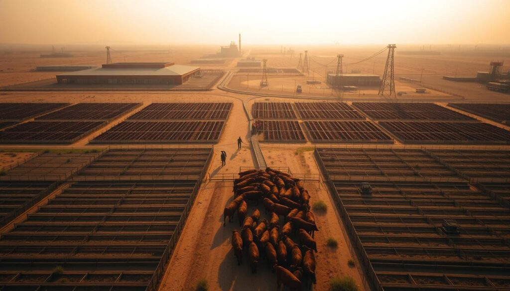 An aerial view of a large-scale industrial cattle ranch, with rows of cramped feedlots and silhouettes of hulking slaughterhouse buildings in the distance. The landscape is parched and barren, with sparse vegetation and a hazy, polluted sky. In the foreground, a small herd of cattle are herded into a chute, highlighted by warm, golden sunlight. The scene conveys a sense of environmental degradation and the immense toll that industrial meat production takes on the natural world.