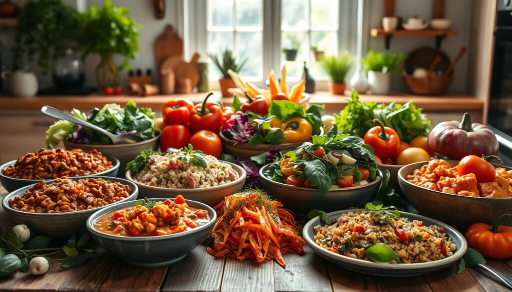An exquisitely detailed still life of a selection of vibrant vegetarian recipes, arranged on a rustic wooden table. The foreground features a variety of freshly prepared dishes, including a hearty lentil stew, a colorful quinoa salad, and a delectable plant-based curry. The middle ground showcases an assortment of fresh produce, such as leafy greens, vibrant bell peppers, and ripe tomatoes, while the background depicts a softly lit, airy kitchen environment with natural light streaming in through large windows. The overall scene conveys a sense of nourishment, sustainability, and a celebration of plant-based cuisine, perfectly suited to illustrate the "Receitas práticas com alternativas à carne" section of the article.